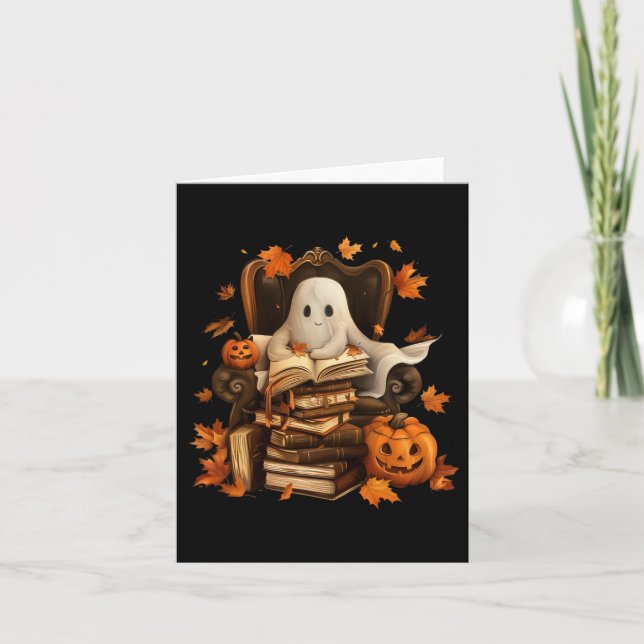 Cartão Vintage Ghost Book Leitura Pumpkin Gothic Hallowee (Frente)