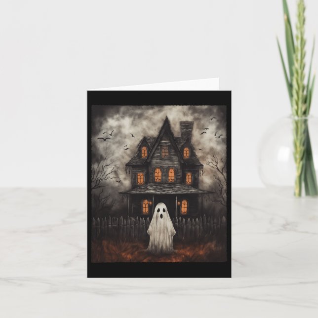 Cartão Vintage Ghost Haunted House Midnight Halloween Gho (Frente)