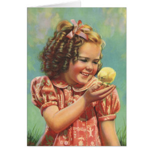 Cartão Vintage Girl com Pintinho de bebê, feliz sorriso i
