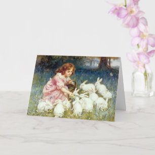 Cartão Vintage Girl Feeding Bunny Rabbits Páscoa Card