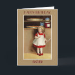 Cartão Vintage Girl in Red Dress Sister Birthday Card<br><div class="desc">A little girl,  wearing a red dress and white pinafore,  is holding a wooden spoon while looking at two large pumpkin pies. Greeting: Happy Birthday Sister. Customize text with your own personalized greetings. **Image of a Vintage Ellen H. Clapsaddle Thanksgiving postcard on a matching tan custom background.</div>