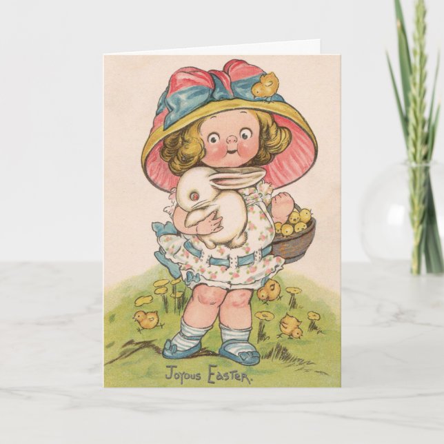 Cartão Vintage Girl With Bunny Easter Greeting Card (Frente)
