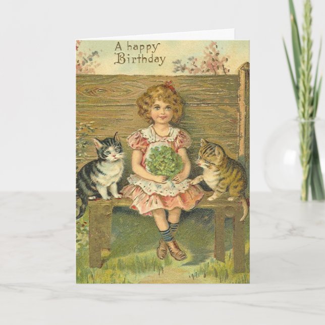 Cartão Vintage Girl with Kittens Birday Card (Frente)
