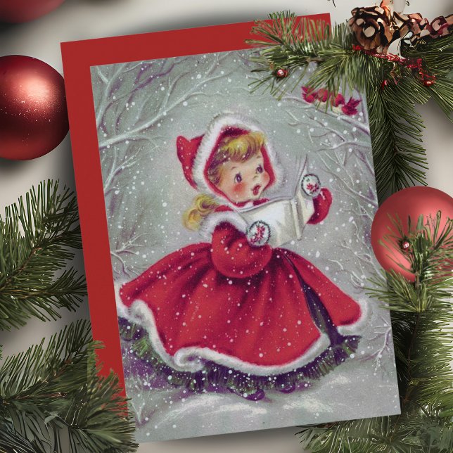 Cartão Vintage Girl with Snow Birds Custom Christmas (Vintage Girl With Snow Birds Custom Christmas Card. Add a special message and your name!)