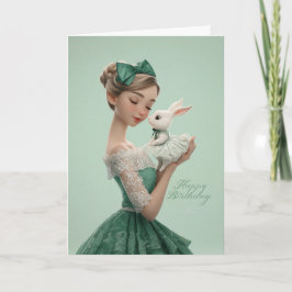 Cartão Vintage Green BDay Card with Elegant Lady & Bunny