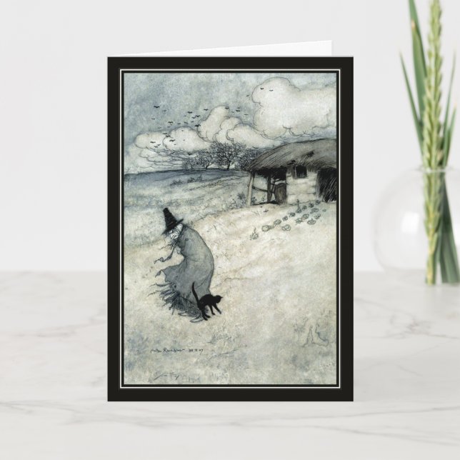 Cartão Vintage Halloween Arthur Rackham Witch + Black Cat (Frente)