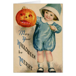 Cartão Vintage Halloween Boy with Pumpkin