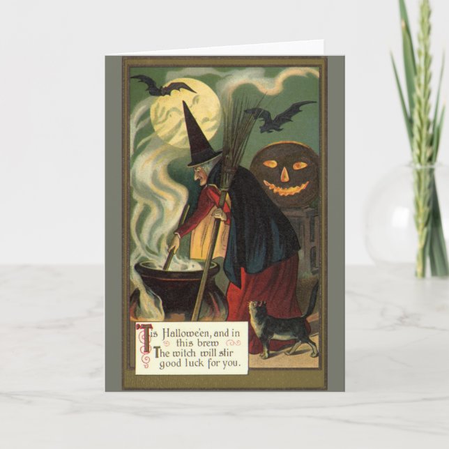 Cartão Vintage Halloween Bruxa Stirring Magic Cauldron (Frente)