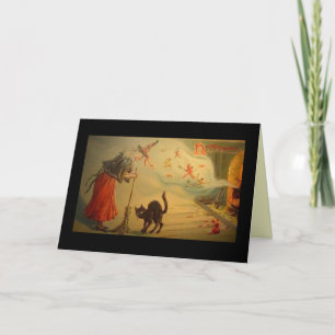 Cartão Vintage Halloween card Old crone with cat