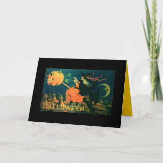 Cartão Vintage Halloween card, Witch on broom, pumpkin
