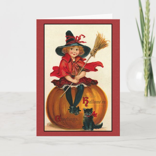 Cartão Vintage Halloween Cat and Girl Card (Frente)