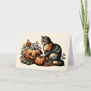 Cartão Vintage Halloween Cat e Pumpkin