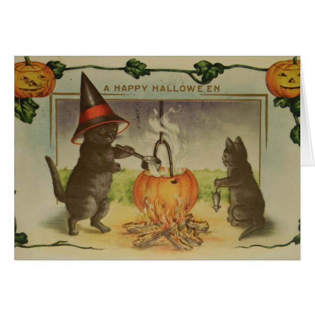 Cartão Vintage Halloween Cats (Frente Horizontal)
