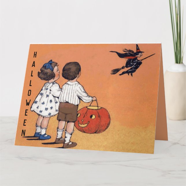 Cartão Vintage Halloween Children Witch Pumpkin (Frente)