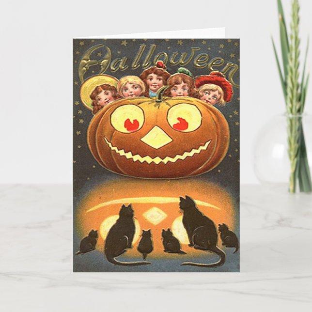 Cartão Vintage Halloween Crianças e Gatos (Frente)