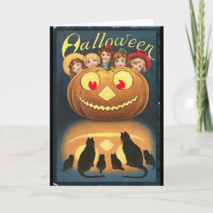 Cartão Vintage Halloween Crianças Escondendo-Se Por Trá