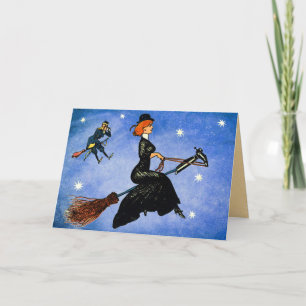 Cartão Vintage Halloween Flying Witch Card