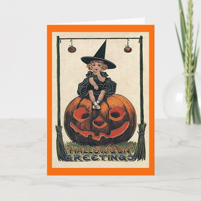 Cartão Vintage Halloween Girl no Jack o'Lantern Card (Frente)