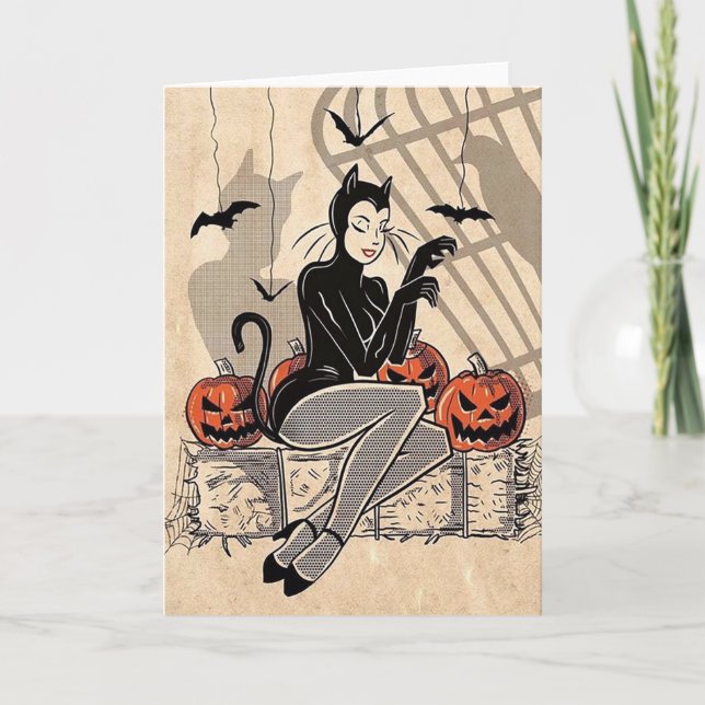 Cartão Vintage Halloween Lady In Cat Fume (Frente)