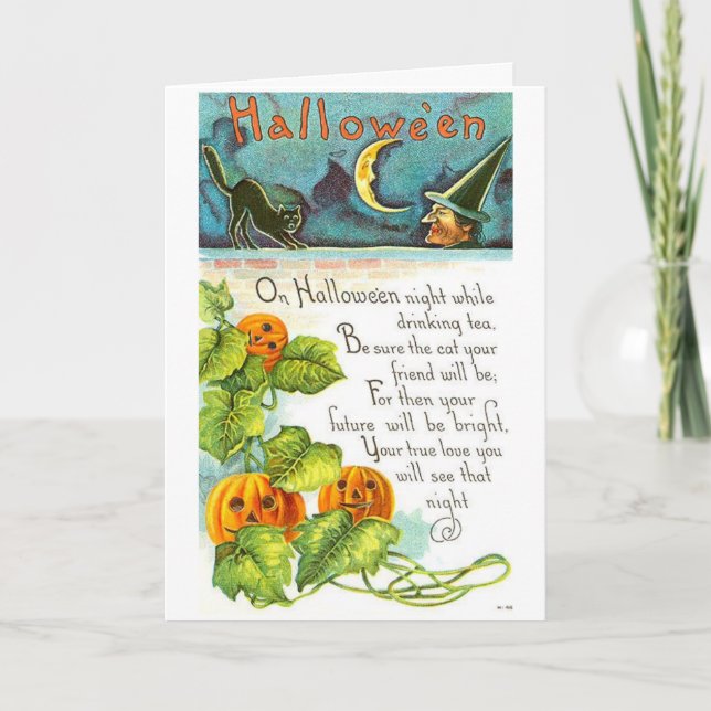 Cartão Vintage Halloween - Leitura das Folhas de Chá, (Frente)