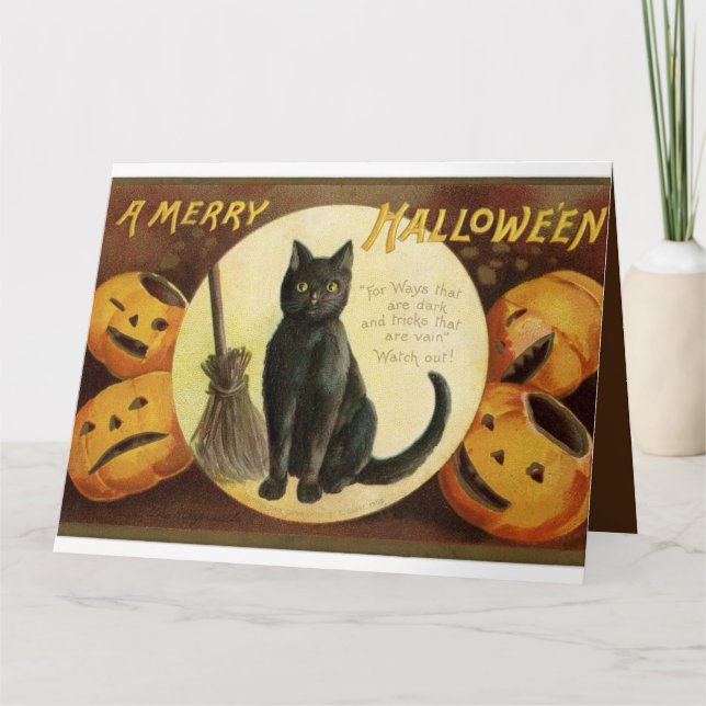 Cartão Vintage Halloween O Gato Negro e Pumpkins (Frente)