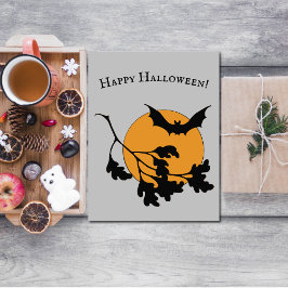 Cartão Vintage Halloween Orange Moon Flying Bats