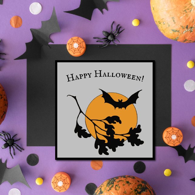 Cartão Vintage Halloween Orange Moon Flying Bats (Criador carregado)