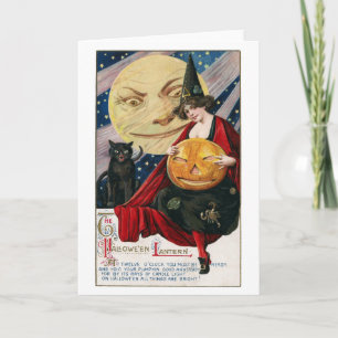 Cartão Vintage Halloween Pretty Witch, Moon and Black Cat
