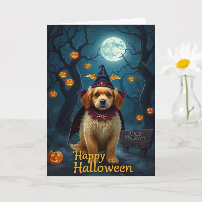 Cartão Vintage Halloween - Pup Cute com Pumpkin Lanterna (Planta pequena)
