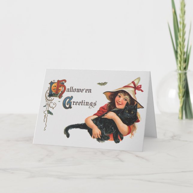 Cartão Vintage Halloween Saudações, Bruxa Infantil com Ga (Frente)