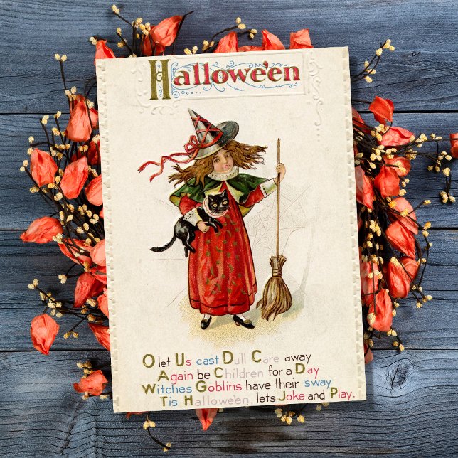 Cartão Vintage Halloween WitGirl Com Gato Negro (Criador carregado)