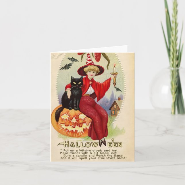 Cartão Vintage Halloween Witness e Black Cat (Frente)