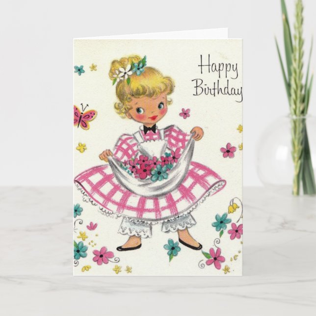 Cartão Vintage Happy Birthday Girl In Vress (Frente)