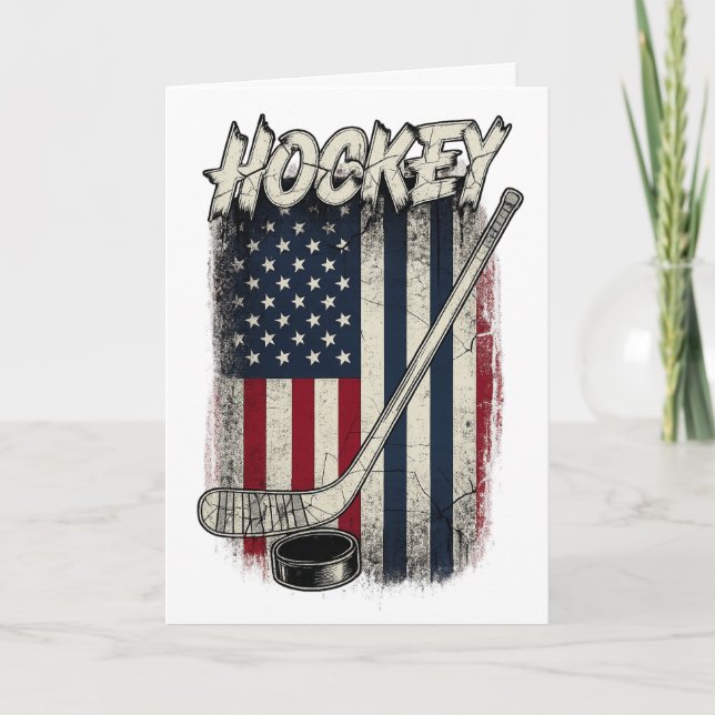 Cartão Vintage Hockey American Flag Retro Puck Players  (Frente)