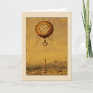Cartão Vintage Hot Air Balloon com Saudações de Relógio