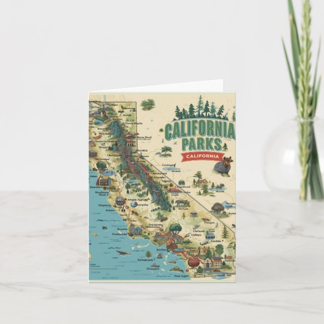 Cartão Vintage Illustrated California Parks Map Art (Frente)