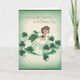 Cartão Vintage Irish Girl and Shamrocks St. Patrick's Day
