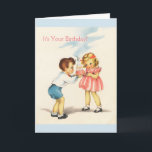 Cartão Vintage - It's Your Birthday!,<br><div class="desc">A vintage birthday card image features two young children. The boy is handing a pink birthday cake with lit candles to the little girl who's wearing her pretty pink party dress. The front of the card says, "It's Your Birthday!" and the message inside the card is, "Hope fun and friends...</div>