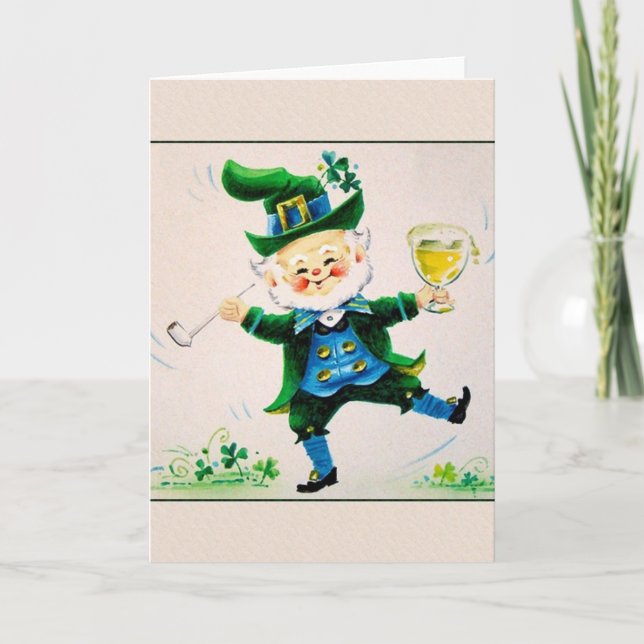 Cartão Vintage Jolly Leprechaun St. Patrick's Day Card. (Frente)