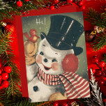 Cartão Vintage Jolly Retro Snowman - Natal Personalizado<br><div class="desc">Celebre a temporada com este cartão de Natal vintage de boneco de neve que apresenta um boneco de neve do século médio alegre em um chapéu preto e um cachecol listrado vermelho e branco com um pássaro vermelho giro apertado em sua mão mitigada. Um retorno perfeito aos dias em que...</div>
