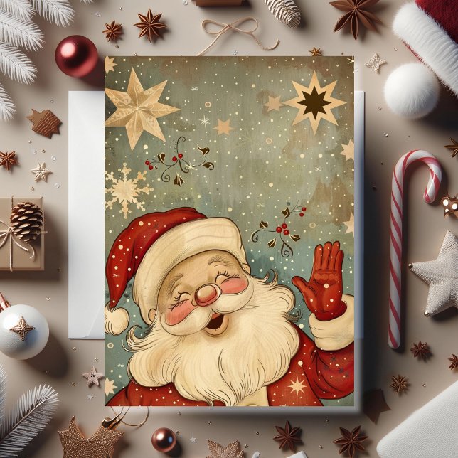 Cartão Vintage Jolly Santa Claus Christmas (A joyful Santa card that brings back the magic of vintage holiday cheer)