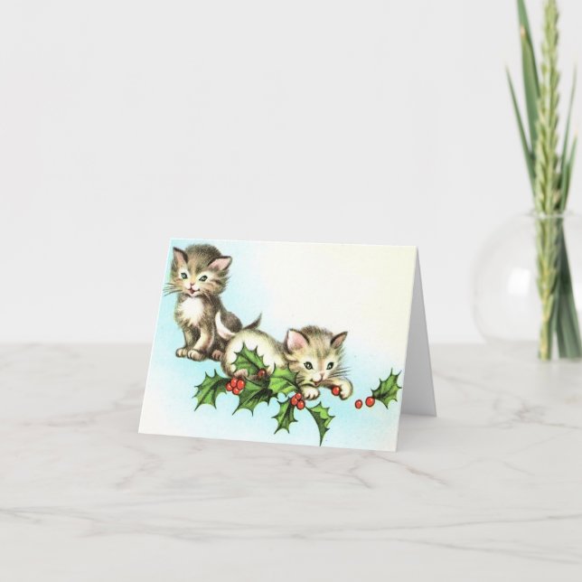Cartão Vintage Kittens e Holly Christmas Card (Frente)