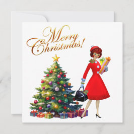 Cartão Vintage Lady Christmas Comprando presentes