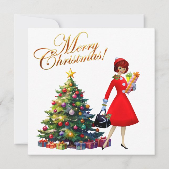 Cartão Vintage Lady Christmas Comprando presentes (Frente)