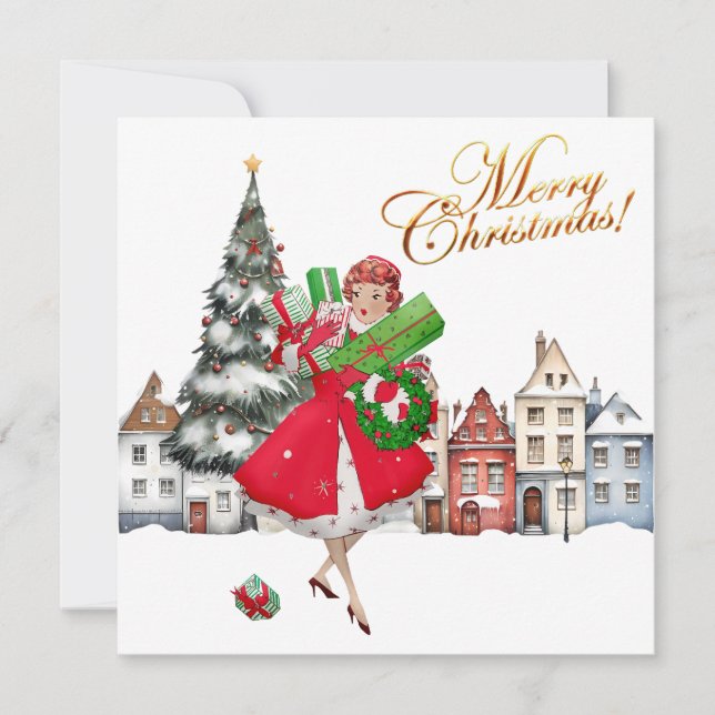 Cartão Vintage Lady Christmas Comprando presentes (Frente)