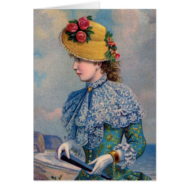 Cartão Vintage Lady em Azul pelo Mar, (Frente)