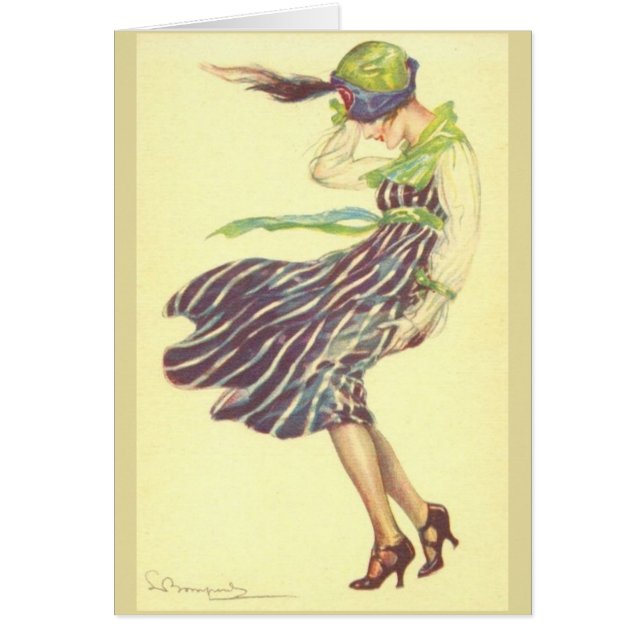 Cartão Vintage Lady em um Dia Vindy, (Frente)