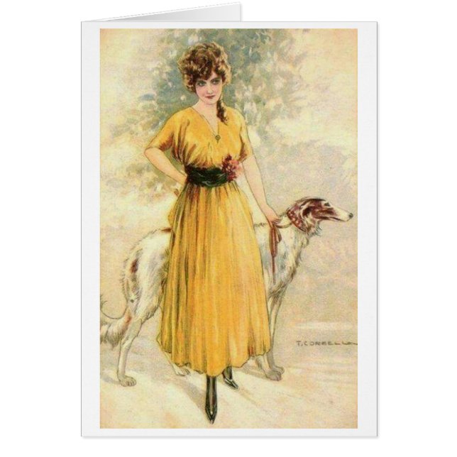 Cartão Vintage - Lady in Yellow com Borzoi, (Frente)