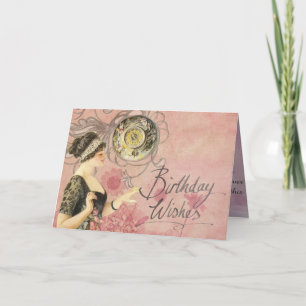 Cartão Vintage Lady no Pink Background Birday Deseja