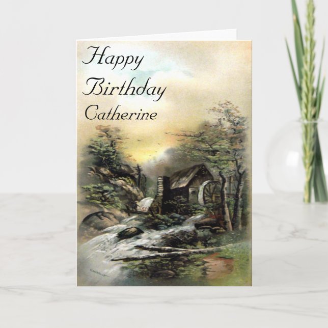 Cartão Vintage Landscape Watermill Birthday Card (Frente)